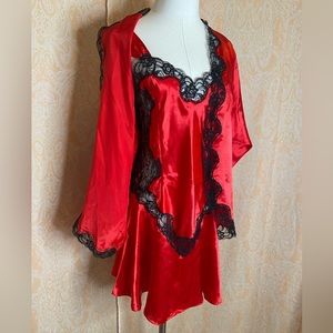 Vintage Victoria’s Secret Gold Label Red Satin and Black Lace 2 piece set